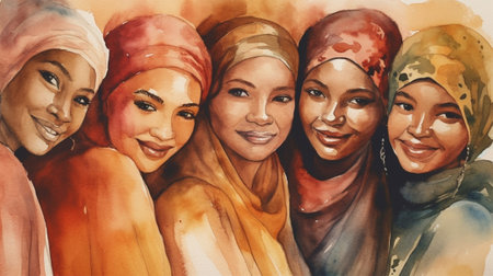 Group of happy women, racial diversity. watercolor style illustration. Generative AIの素材