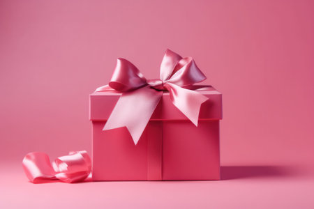 pink gift box tied with a silk ribbon on a pink background postcard .Free space for your text.Generative AIの素材