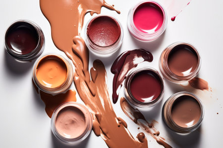 liquid lipstick on light background. Smears of liquid base. CC cream for skin tone. Lipstick paint. Makeup smear. Cosmetic concealer. Smudge Top View Foundation. Generative AIの素材