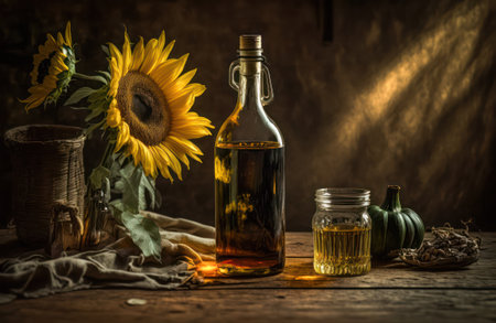 a bottle of sunflower oil stands on a wooden table.sunflower flower.rustic style. generative AIの素材