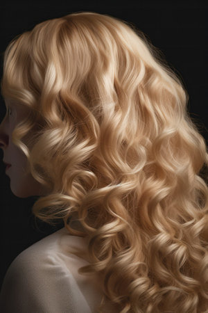 blonde with long and shiny curly hair. woman with wavy hair. Generative AIの素材