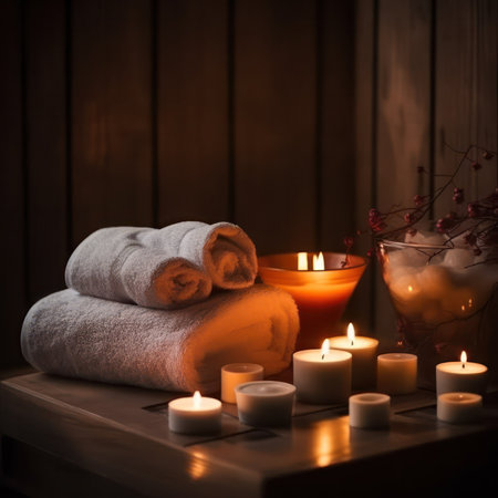 Spa Still Life with Candles for Cosmetic Beauty Spa Treatment. Aromatherapy body care therapy for women with candles for relaxation and wellness.Generative AIの素材