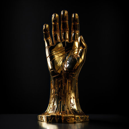 golden metal hand with signs applied to it .design runes ,signs , symbols. Generative AIの素材