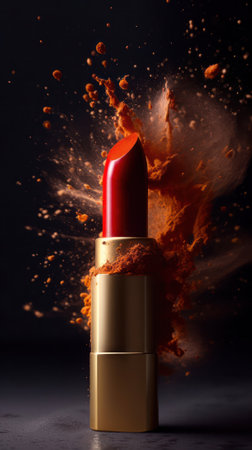 Designer lipstick on the background of a powerful explosion of red powder, Generative AIの素材