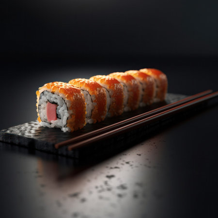 Long row of sushi roll with chopsticks on black background. Generative AIの素材