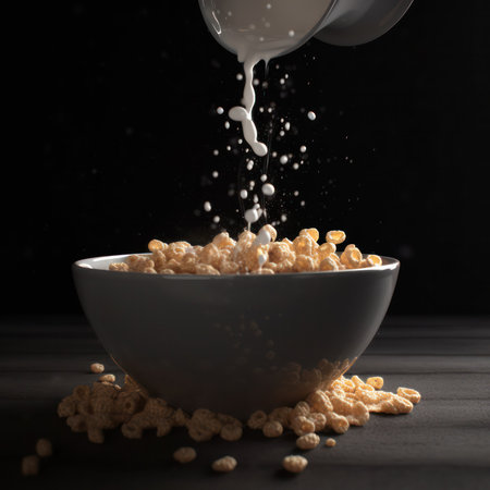 Milk is poured into a bowl of cereal on a black background. Generative AIの素材