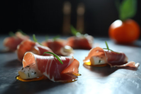 Prosciutto and goat cheese appetizer on a plate. Generative AIの素材