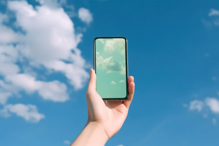 mocap. hand holds a smartphone on the background of a beautiful sky with clouds.copyspace. Generative AIの素材