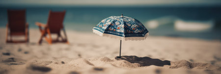 umbrella and deck chair on the sand on the beach on a sunny day .tiltshift. banner .concept travel tourism and vacation .Generative AIの素材