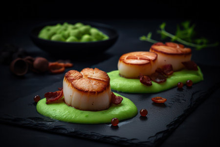 Sauteed Sea Scallops with Pea Puree and Crispy Pancetta. large fried scallops on a bed of colorful green pea puree .Generative AIの素材
