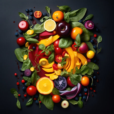 on a dark background, chopped vegetables for salad lie neatly geometrically laid out. Generative AIの素材