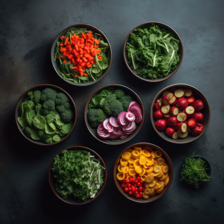 on a dark background, chopped vegetables for salad lie neatly geometrically laid out. Generative AIの素材