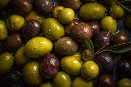 background of fresh olives in oil. Neural network AI generated.の素材