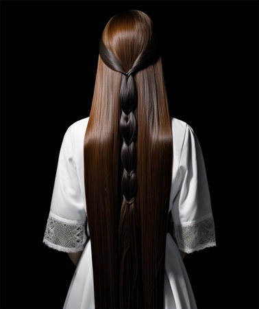 Rear view of a woman with long straight hair and small braids as part of her hairstyle. Generative AIの素材