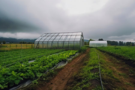 indoor greenhouse on a farm field during the day in rainy weather. Generative AIの素材