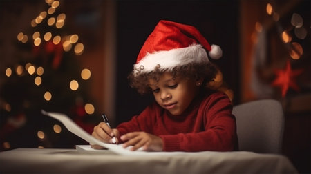 a child boy write a letter to Santa Claus ordering gifts for Christmas. the concept of Christmas, celebration and happy childhood. Generative AIの素材