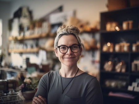 Happy woman, owner of a small store, small business smiling and looking at the camera, standing inside the store. Generative AIの素材