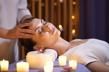 Hands of cosmetologist making manual relaxing rejuvenating facial massage for young woman in beauty salon. Rejuvenating facial massage in cosmetology. Generative AIの素材
