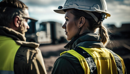 workers on the construction site wearing helmets and yellow vests. generative AIの素材