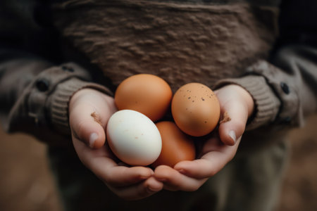 childrens hands hold eggs collected in the chicken coop. Farm. Generative AIの素材