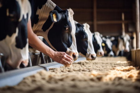 concept of agriculture, farming and animal husbandry. a herd of cows using hay in barns on a dairy farm. Generative AIの素材