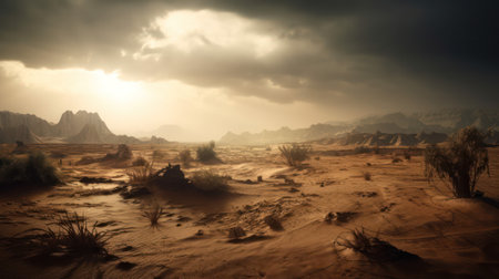 Stormy sky over the desert, storm clouds and rain. Generative AIの素材