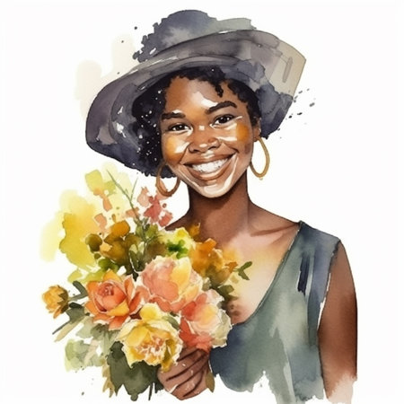 happy smiling african american woman with bouquet of flowers. watercolor style. Generative AIの素材