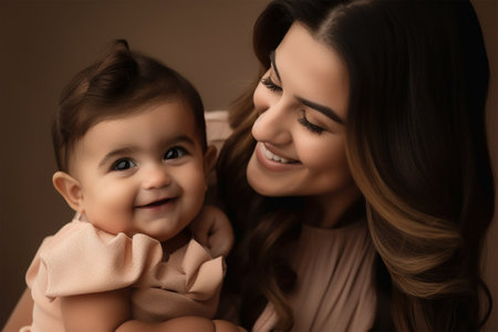 Happy mother with her daughter in her arms and flowers. the concept of happiness. Mothers Day. Ethnic diversity. Generative AIの素材