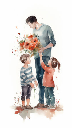 fathers day celebration illustration. A father is holding a bouquet of flowers from his children. Loving father and children. Generative AIの素材