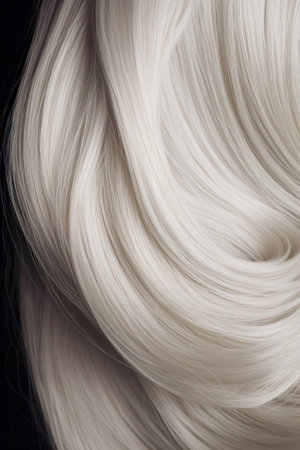 A closeup view of a bunch of shiny straight blond hair in a wavy curved style. Generative AIの素材