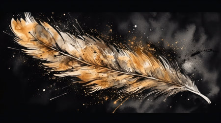 golden bird feather on black background.watercolor style.Generative AIの素材