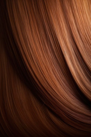 A closeup view of a bunch of shiny straight reddish brown hair in a wavy curved style. Generative AIの素材