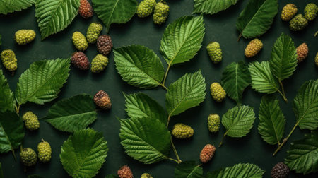 mulberry and leaves on a dark background. food background. Generative AIの素材