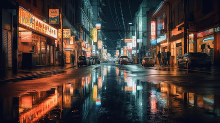 empty city street in neon illuminated signboards and lanterns on a rainy night. Generative AIの素材