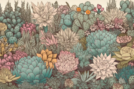 background variety of small cacti different types and varieties. drawing in pastel colors .Generative AIの素材