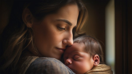 mother with a child in her arms. happiness of motherhood. Mothers Day. Generative AIの素材