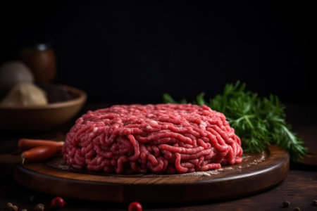 food background. Raw ground beef ready to be cooked on a wooden board with herbs. Generative AIの素材