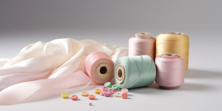 threads and silk fabrics in pastel colors on a light background .sewing supplies. Generative AIの素材