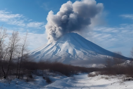 a powerful volcanic eruption occurred with the release of ash and lava. Generative AIの素材