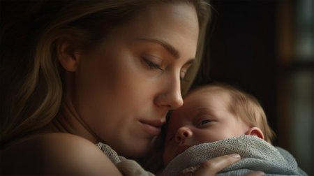 mother with a child in her arms. happiness of motherhood. Mothers Day. Generative AIの素材