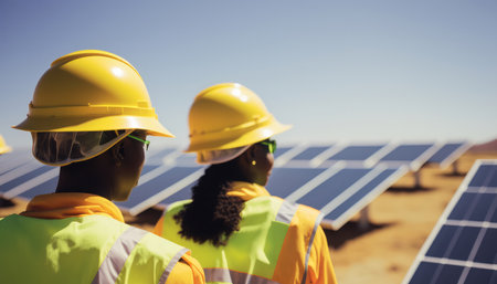 workers on a solar panel farm in hardhats and yellow vests.renewable energy. generative AIの素材