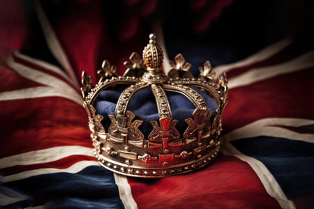Royal crown on the background of the flag of the united kingdom of Great Britain and northern Ireland. Generative AIの素材