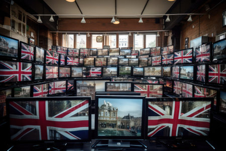a large number of televisions with the flag of the United Kingdom of Great Britain and Northern Ireland on the screens are tuned to the channel broadcasting the coronation in Britain. Generative AIの素材