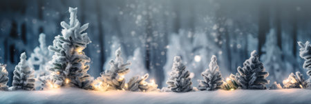Small Christmas trees and decorations stand in the snow against a background of bokeh. Winter decoration. Shallow depth of field. Christmas banner or postcard. Generative AIの素材