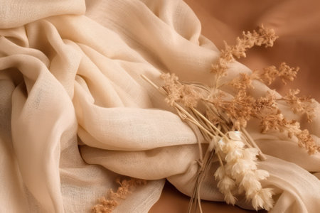 flat lay photo of beige scarf and dried flowers. background. Generative AIの素材