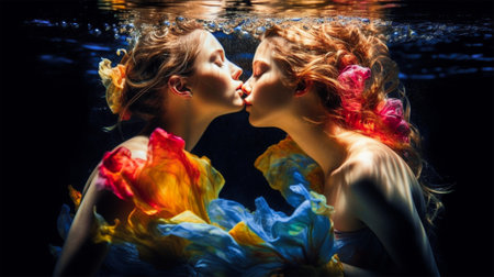 A tender kiss of two young women underwater in bright transparent dresses. Generative AIの素材