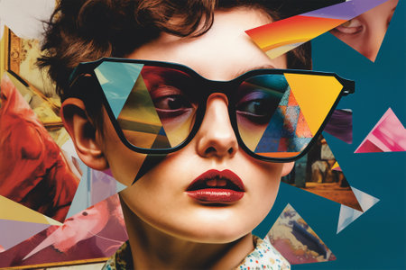 colorful magazine collage with a model in sunglasses on a bright multicolored geometric background. Generative AIの素材