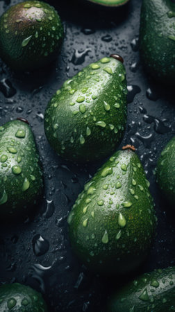 Food background avocado in water drops on dark background.vertical. Generative AIの素材