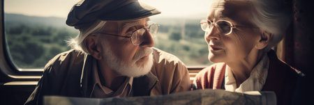 elderly gray-haired couple, man and woman, are sitting at the window in the train .family travel concept. parents and grandparents day. Generative AIの素材