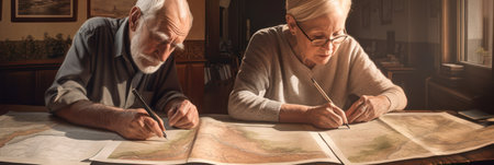 an elderly gray-haired couple, a man and a woman, sit over a geographic map and plan a travel route.family concept. parents and grandparents day. Generative AIの素材